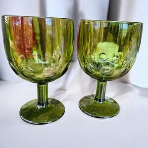 Set 2 Vintage Bartlett Collins Green Thumbprint Coin Dot Goblets 6" Whimsygoth